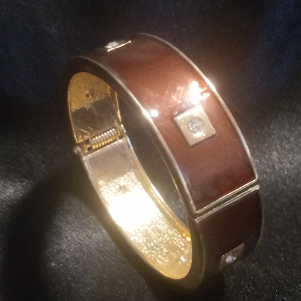 Brown transparent enamel 6 crystals Spring Hinged bangle bracelet